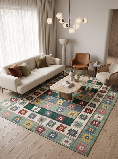 Multicolour Geometric Pixel Medallion Design Rug