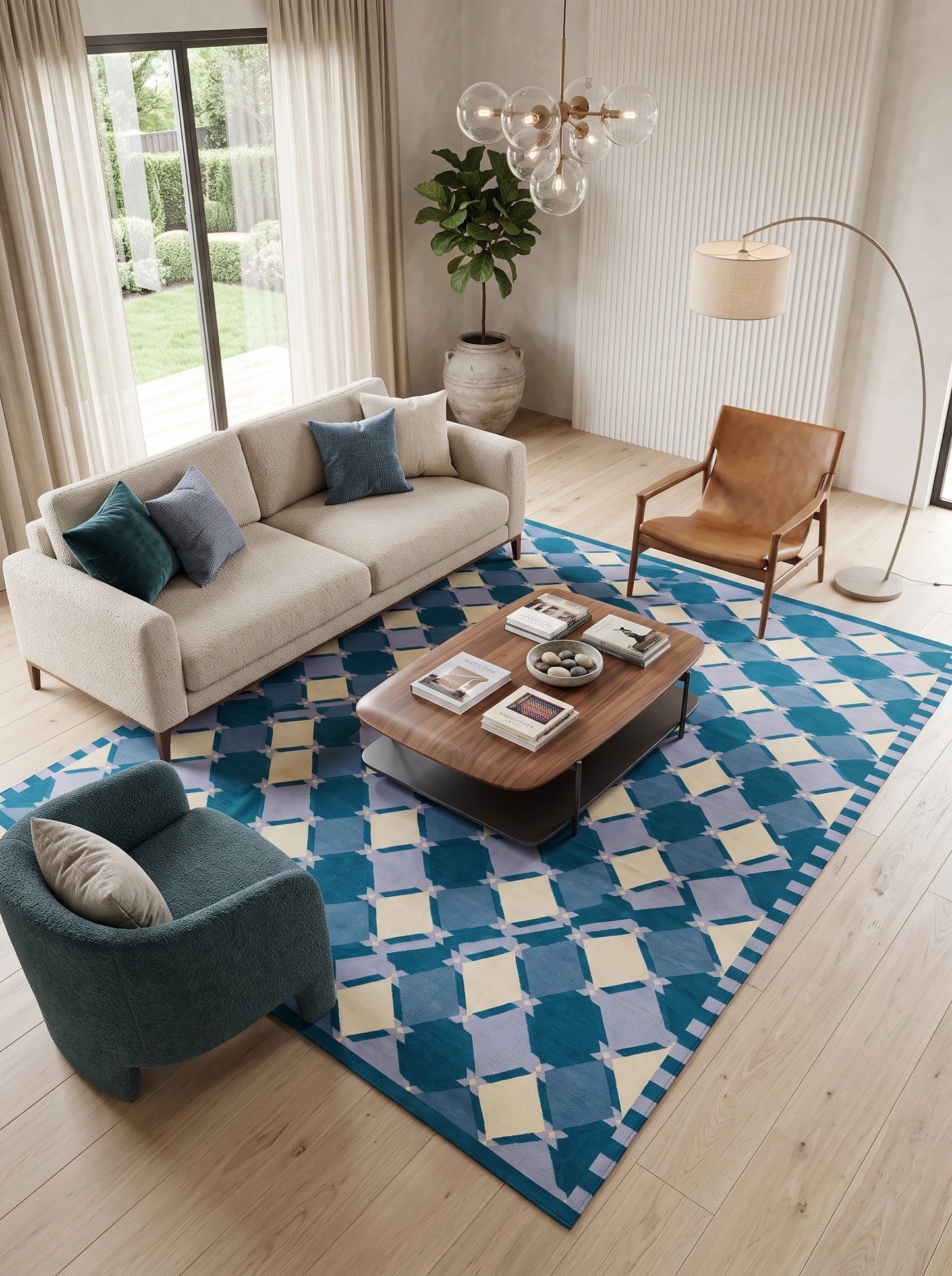 Geometric Diamond Lattice in Teal, Blue & Ivory Rug