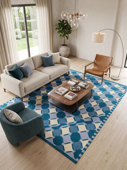 Geometric Diamond Lattice in Teal, Blue & Ivory Rug
