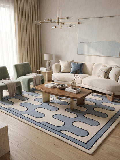 Blue Ivory Wave Wool Tufted Rug