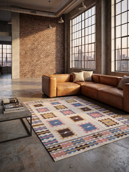 Nomadic Pastel Blocks Wool and Cotton Kilim Rug