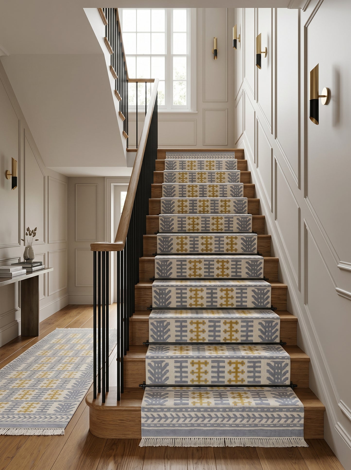 Nordic Totem Grid Modern Slate Blue & Mustard Wool Cotton Dhurrie Rug