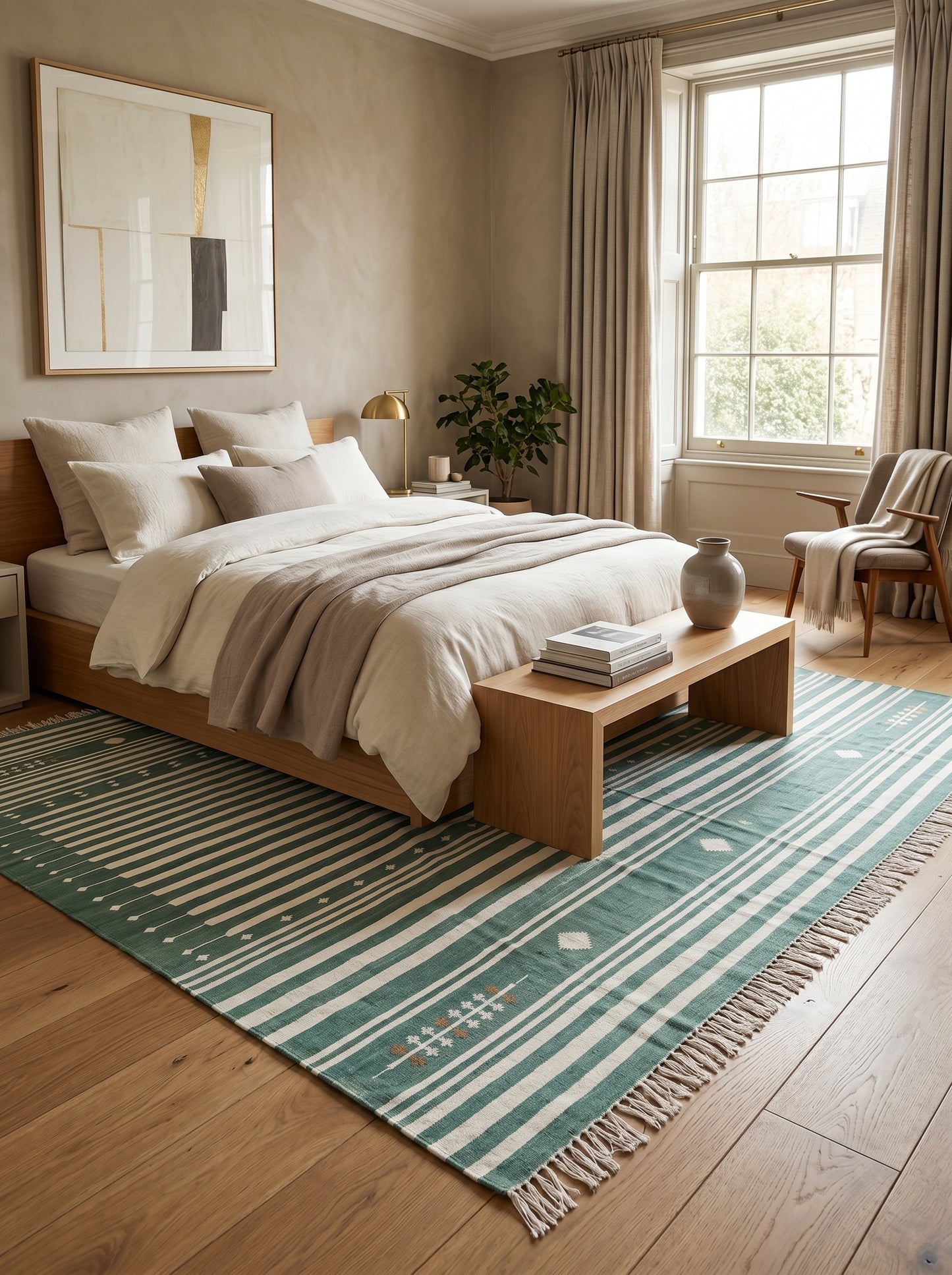 Teal Green & Ivory Horizontal Stripe Area Rug