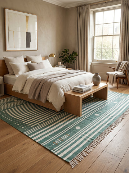 Teal Green & Ivory Horizontal Stripe Area Rug