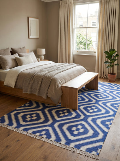 Royal Blue & White Geometric Area Rug, Southwestern Diamond Cross Kilim Dhurrie