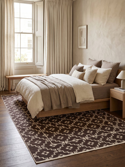 Espresso Dark Brown Geometric Area Rug, Minimalist Floral Diamond Dhurrie Rug
