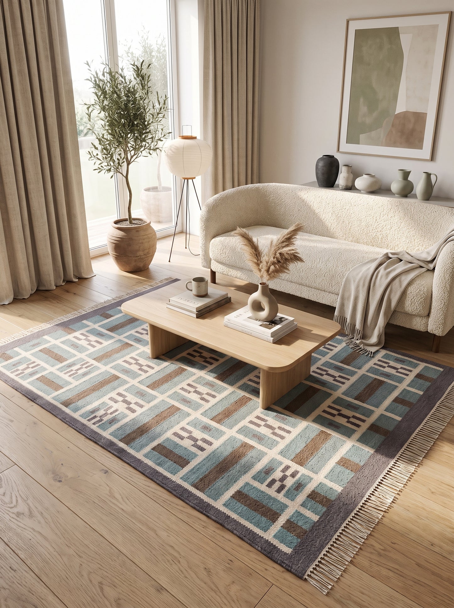 Teal Earth Block Grid Brown Wool Cotton Dhurrie Rug
