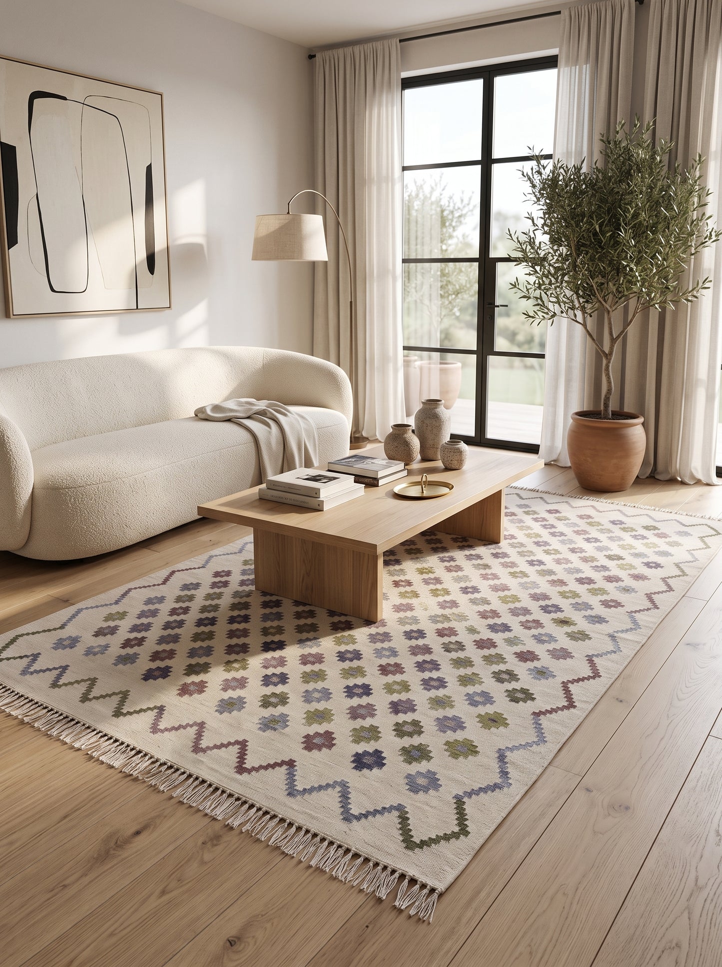 Pastel Chevron Blossom Handwoven Symmetrical Detailed Rug
