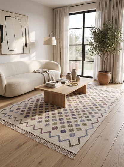 Pastel Chevron Blossom Handwoven Symmetrical Detailed Rug