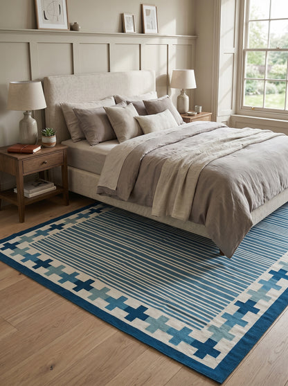 Handwoven Blue Stripe Cotton Rug Geometric Border Dhurrie Rug