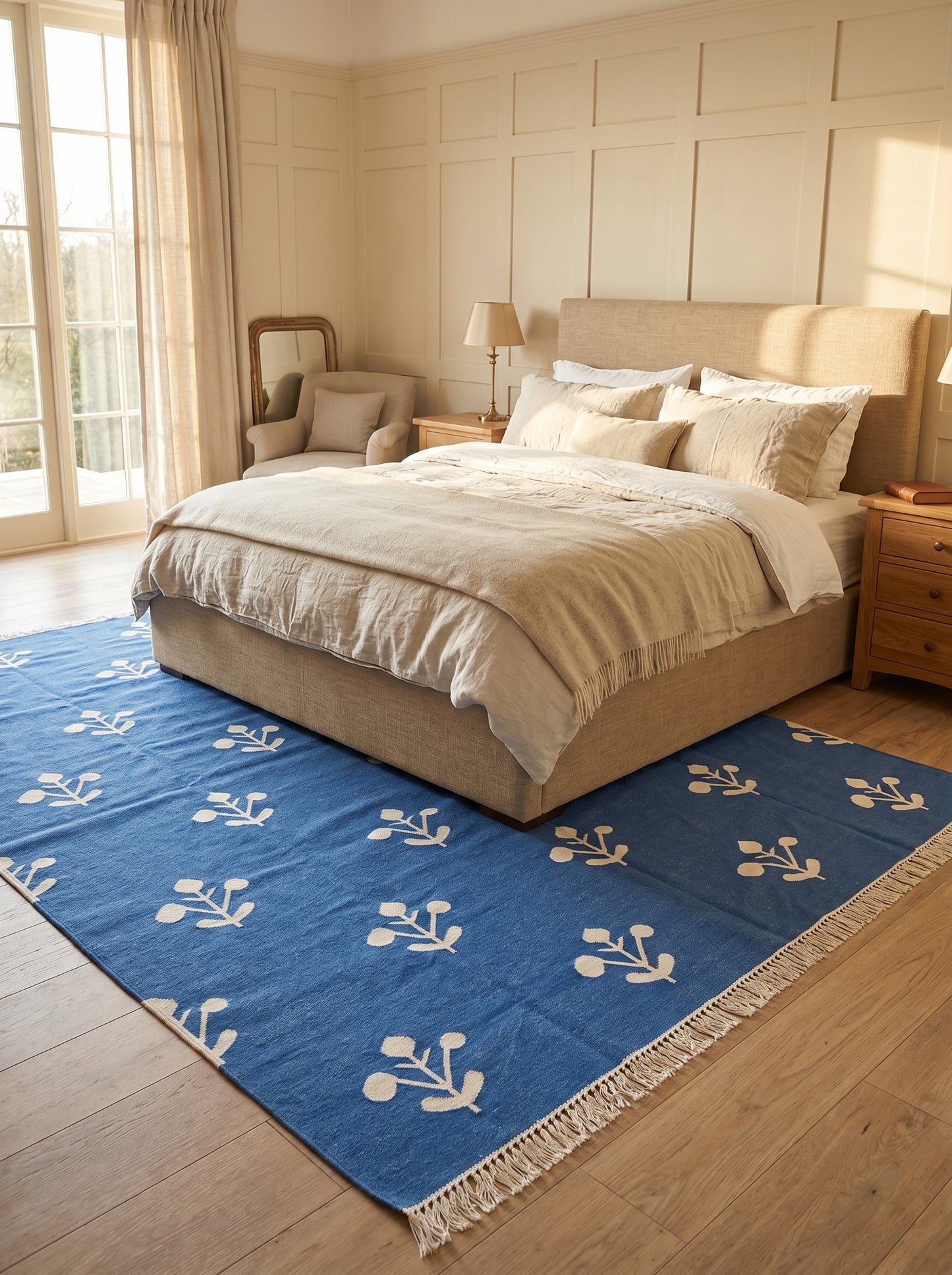 Azure Blossom Handmade Coastal Rug, Custom Size Dhurrie