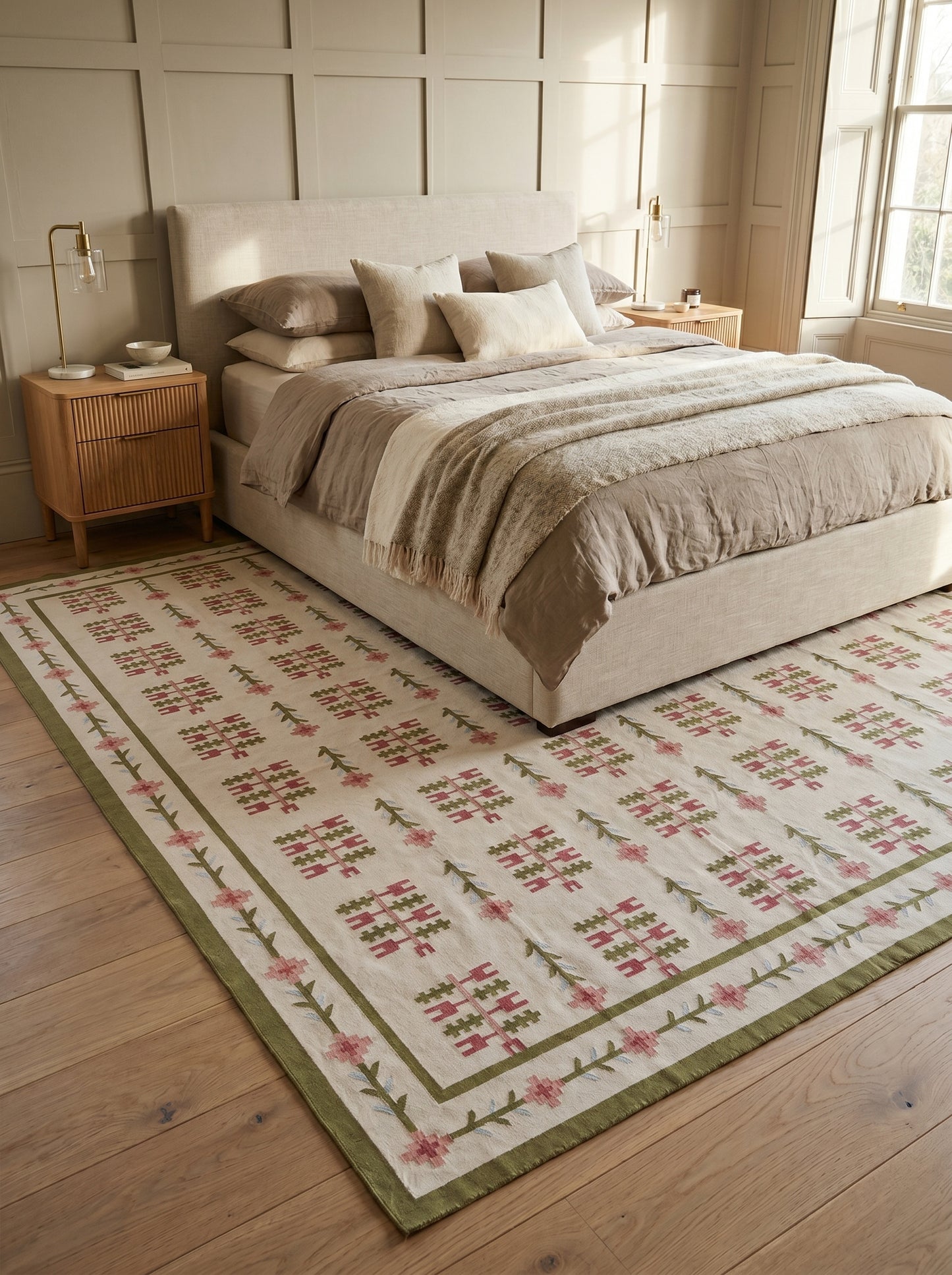 Swedish Folk Pattern Area Rug Nordic Floral Dhurrie Rug
