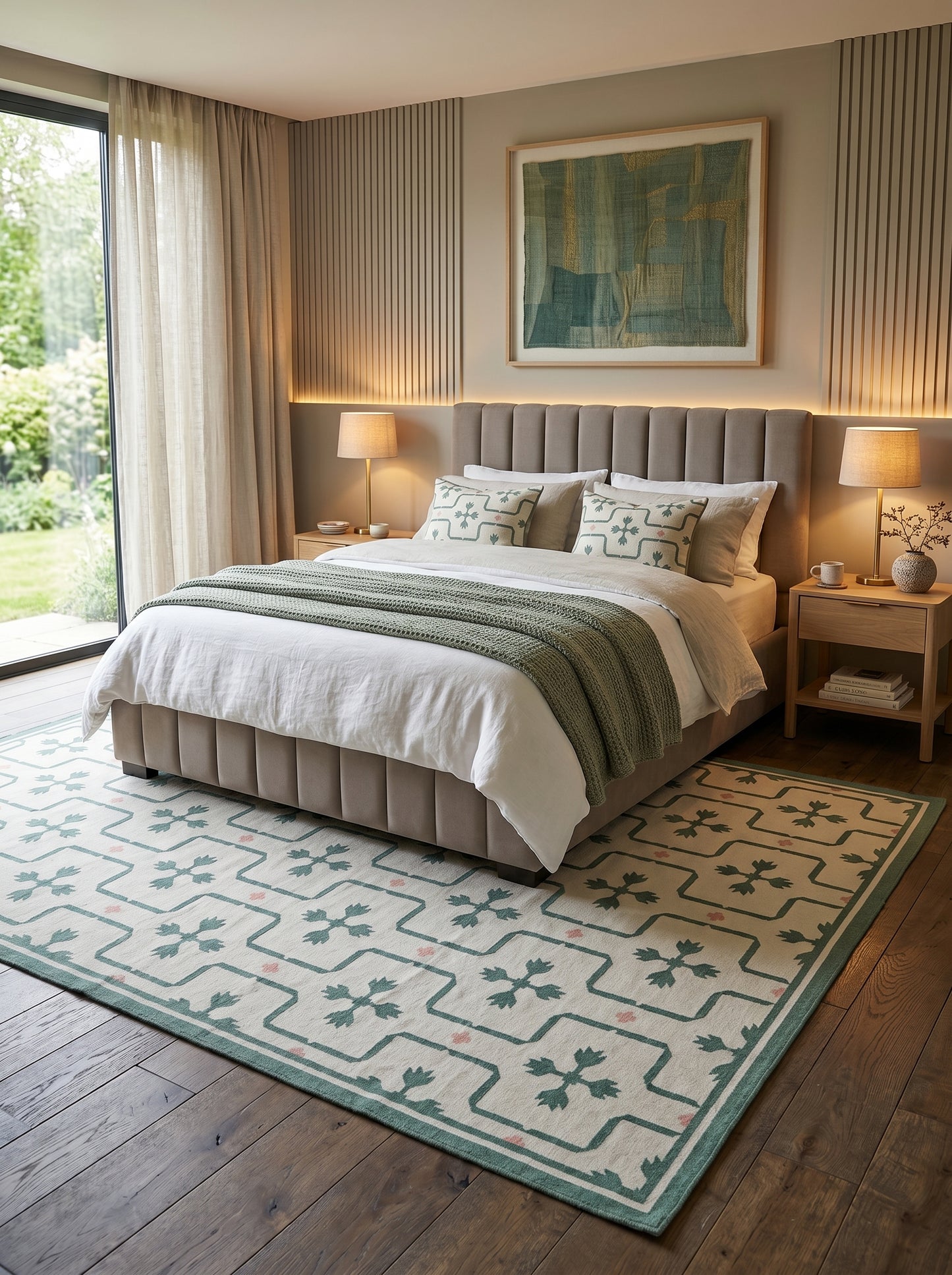 Emerald Tulip Lattice Geometric Interlocking Tile Pattern Flatweave Area Rug
