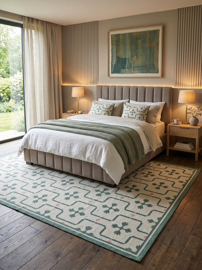 Emerald Tulip Lattice Geometric Interlocking Tile Pattern Flatweave Area Rug