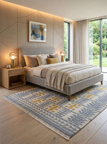 Nordic Totem Grid Modern Slate Blue & Mustard Wool Cotton Dhurrie Rug