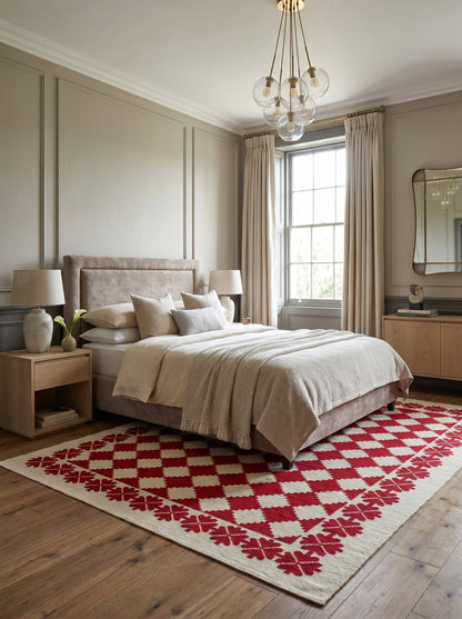 Traditional Ruby Red & Cream Wool Cotton Dhurrie Rug