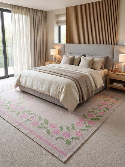 Pastel Rose Garland Aesthetic Pink & Sage Green Wool Cotton Dhurrie Rug