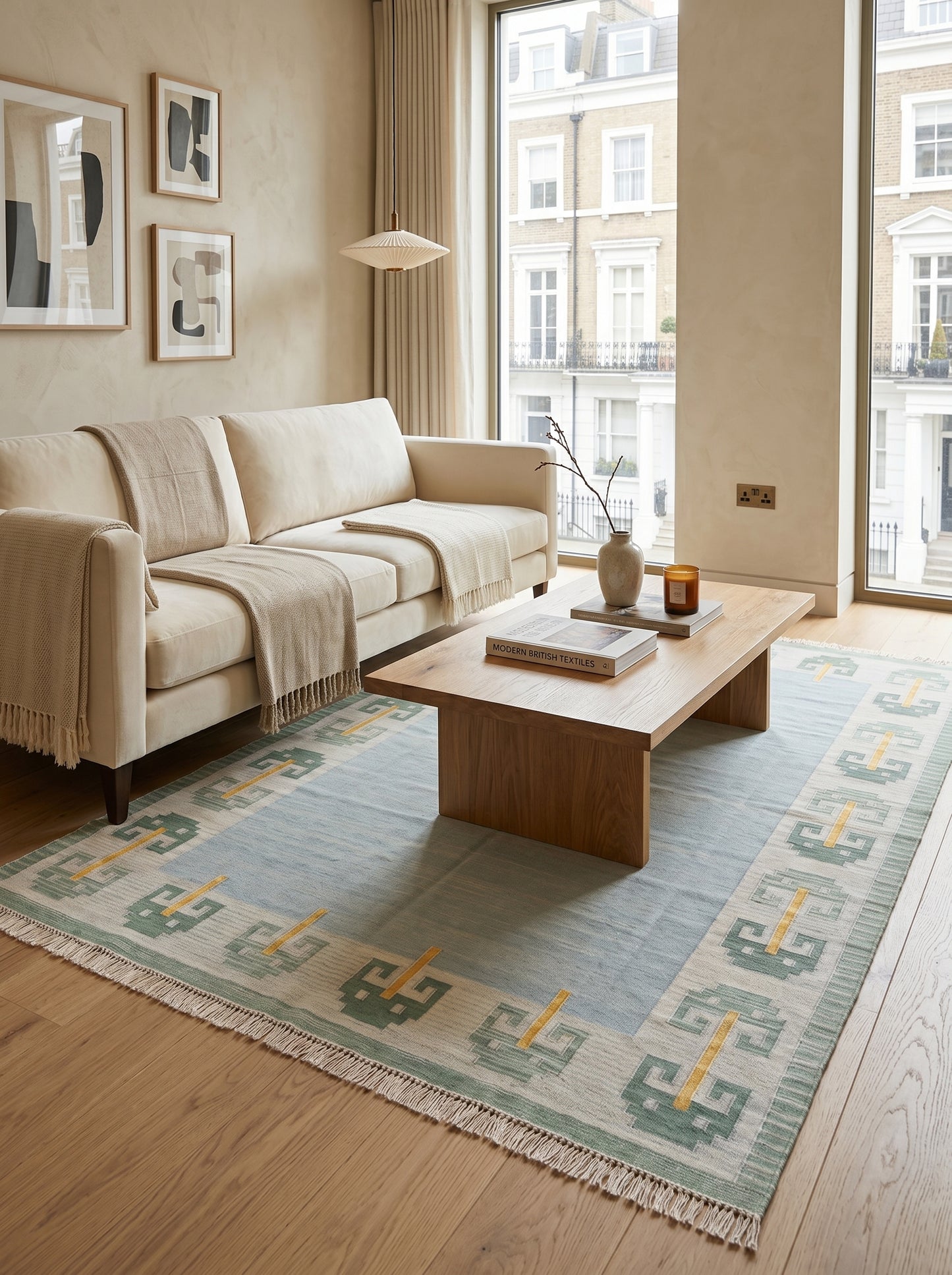 Pastel Blue Cotton Flatweave Rug Retro Modern Area Rug for Bedroom