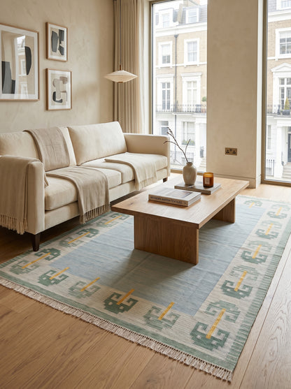 Pastel Blue Cotton Flatweave Rug Retro Modern Area Rug for Bedroom