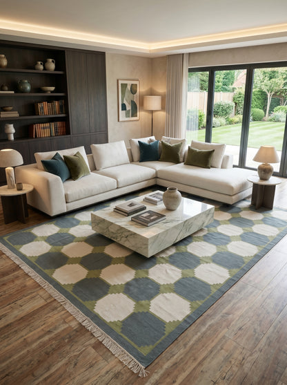 Olive & Onyx Modern Octagon Geometric Dhurrie Rug