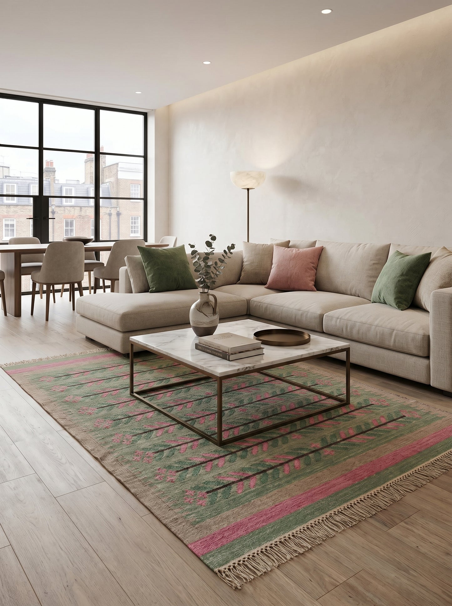 Sage Green Botanical Vine Area Rug, Pink & Tan Horizontal Leaf Motif Dhurrie Carpet
