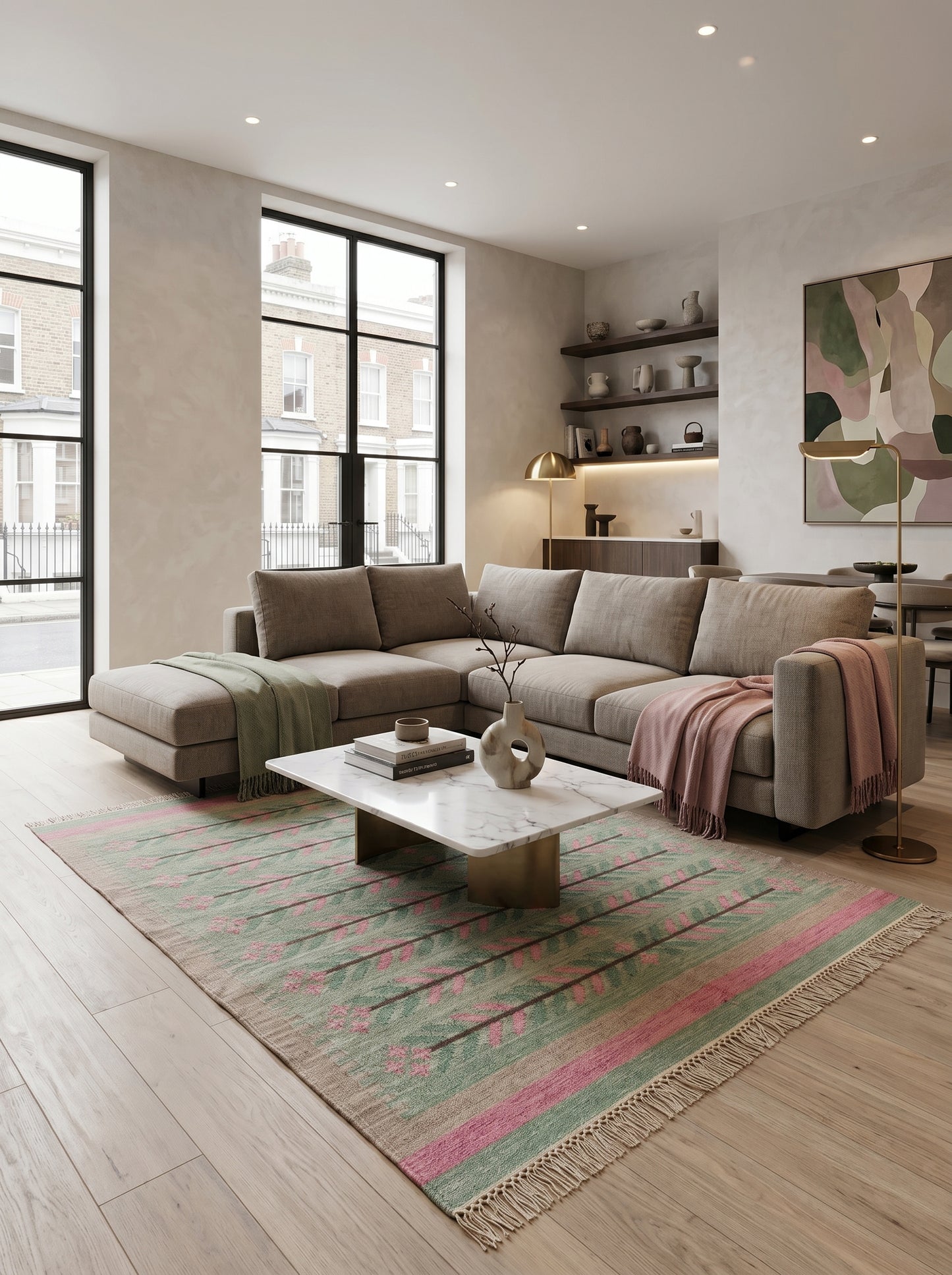 Sage Green Botanical Vine Area Rug, Pink & Tan Horizontal Leaf Motif Dhurrie Carpet