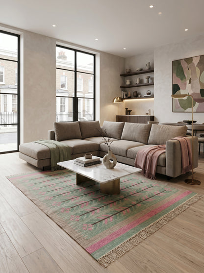 Sage Green Botanical Vine Area Rug, Pink & Tan Horizontal Leaf Motif Dhurrie Carpet