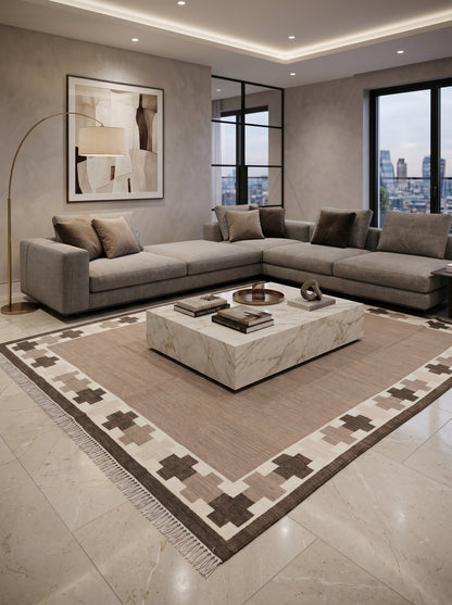 Taupe Brown Minimalist Area Rug, Espresso Geometric Cross Border Dhurrie