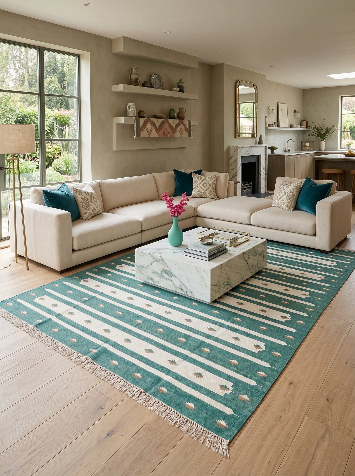 Teal Horizon Handwoven Cotton Flatweave Dhurrie Rug