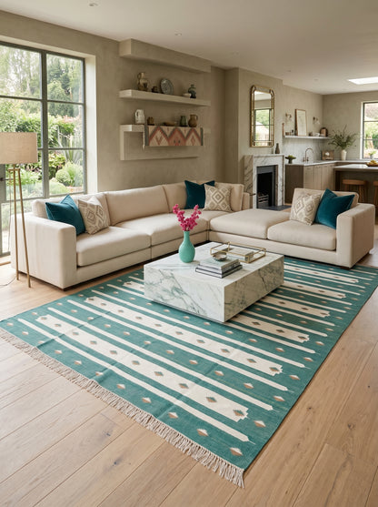 Teal Horizon Handwoven Cotton Flatweave Dhurrie Rug