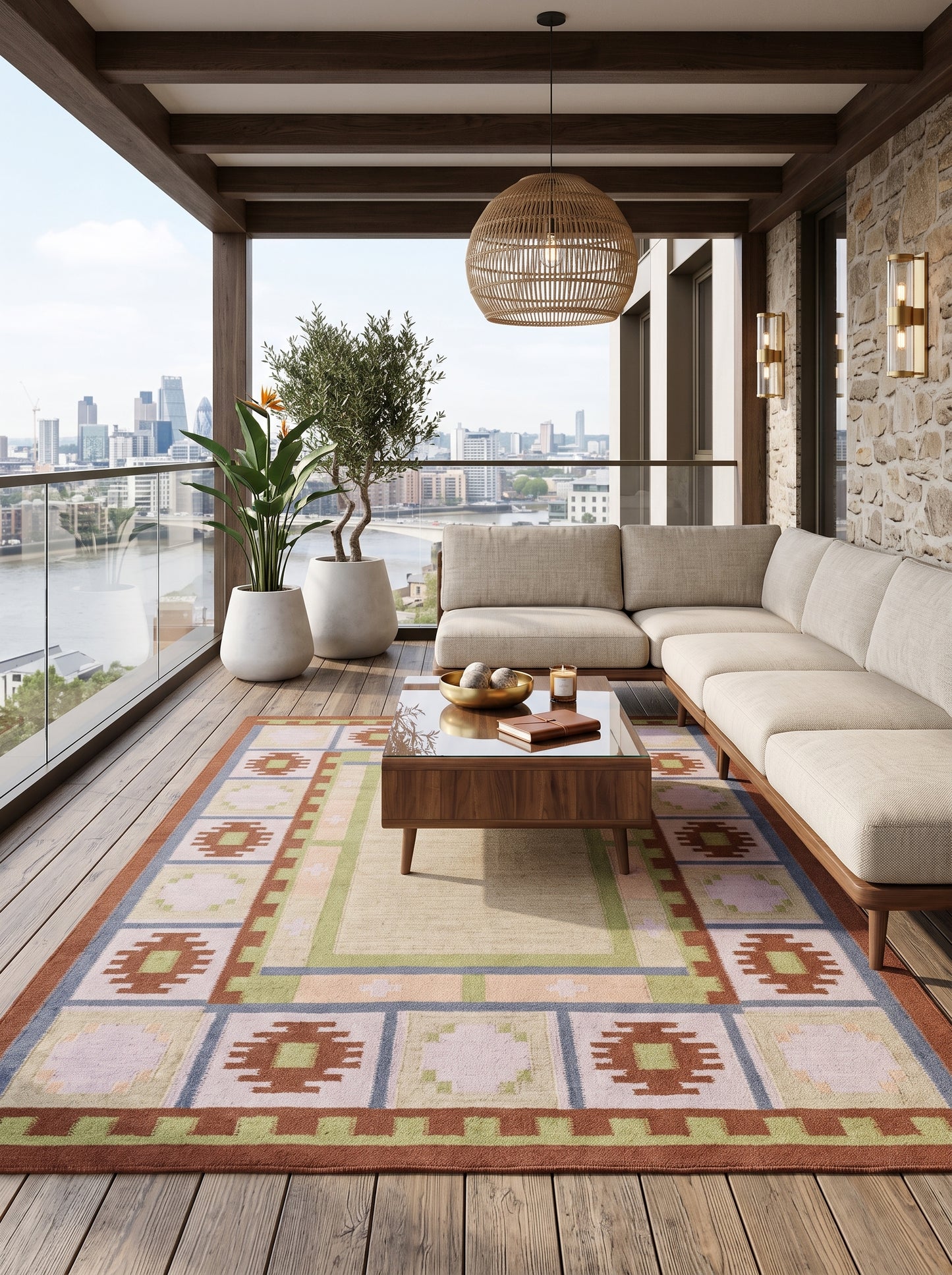 Slate & Sawtooth Geometric Border Wool Area Rug