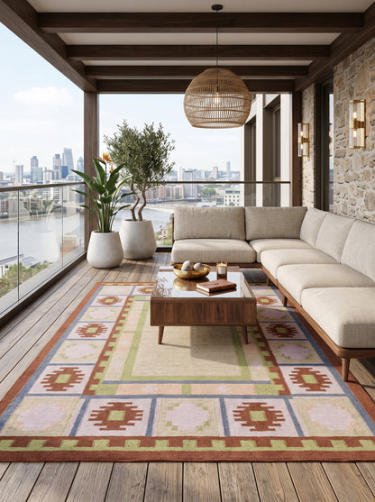 Slate & Sawtooth Geometric Border Wool Area Rug