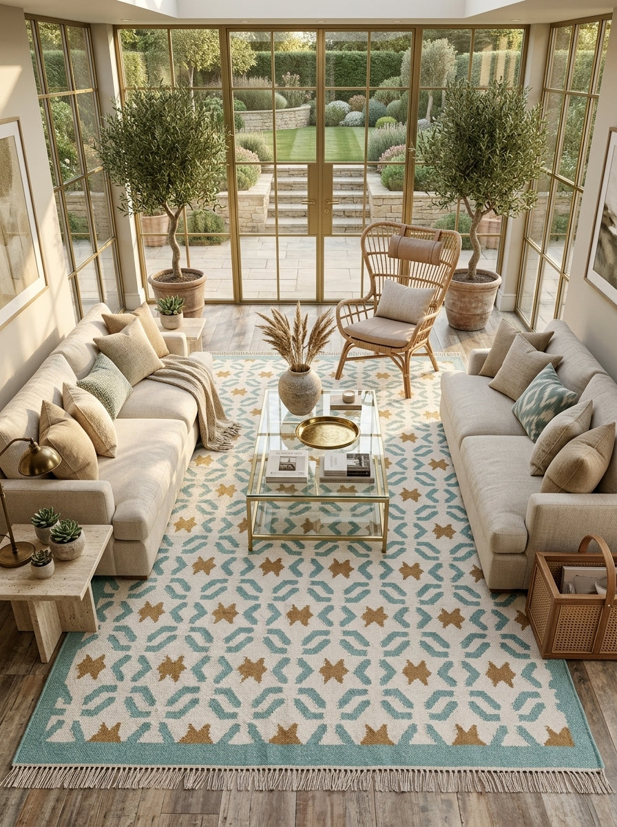 Teal Sunburst Trellis Aqua Mint Green, Ochre & Cream Cotton Wool Dhurrie
