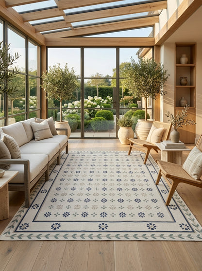 Nordic Navy Rosette Heritage Elegant Chevron Vine Border Flatweave rug