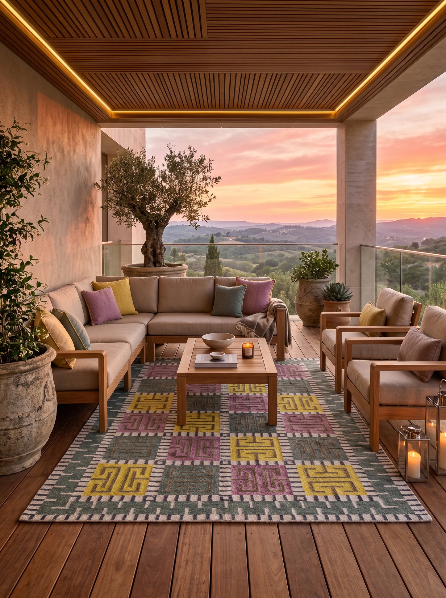 Greek Key Color-Block Matrix - Modern Yellow & Purple Wool Cotton Dhurrie Rug
