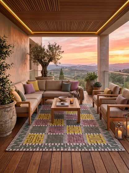 Greek Key Color-Block Matrix - Modern Yellow & Purple Wool Cotton Dhurrie Rug
