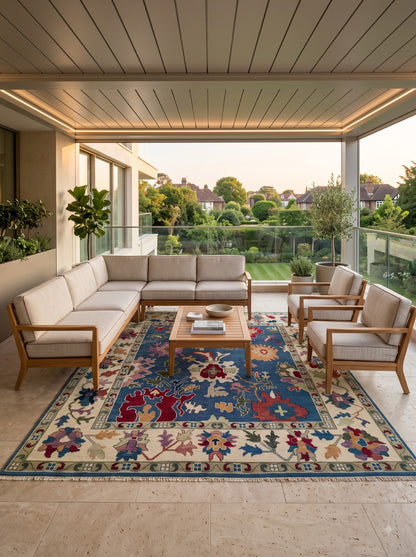 Hand Knotted Wool Oushak Rug Blue Anatolian Carpet