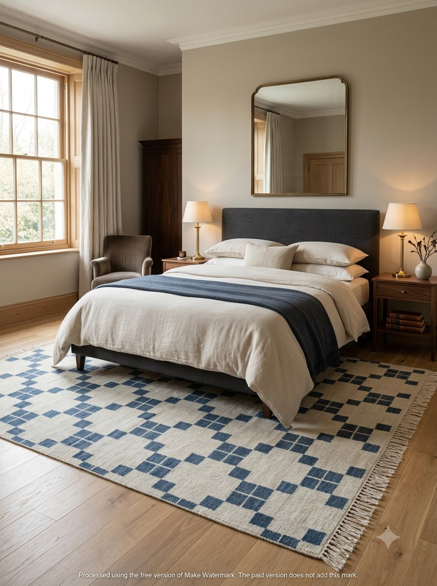 Hand-Knotted Wool Oushak Carpet, Blue And White Geometric Area Rug