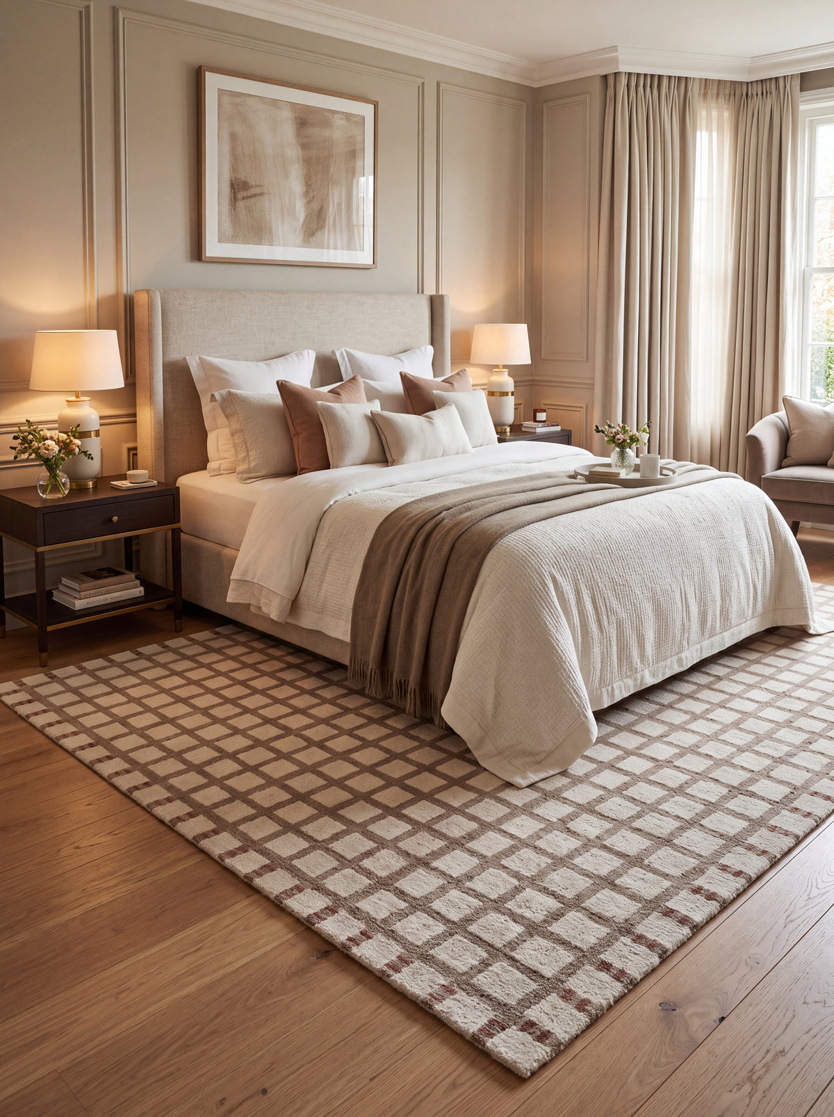 Hand Tufted Wool Rug, Beige Checkered Carpet, Rust Geometric Area Rug