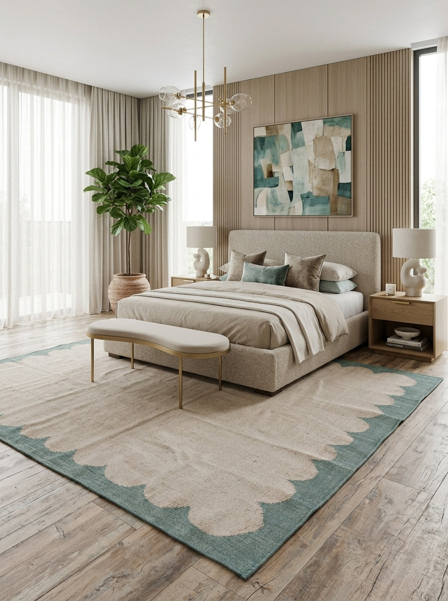 Seafoam Scallop Frame Scalloped Border Flatweave Area Rug