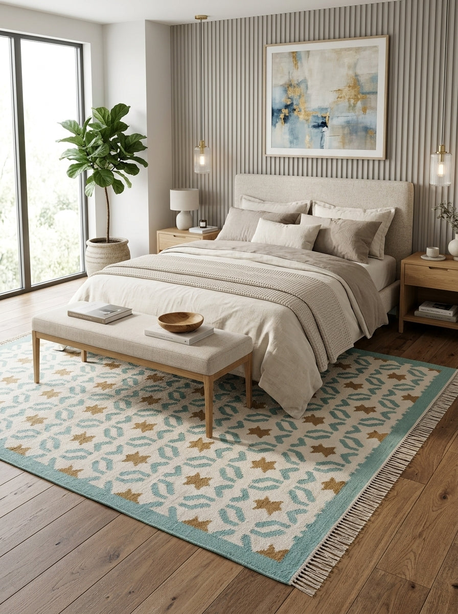 Teal Sunburst Trellis Aqua Mint Green, Ochre & Cream Cotton Wool Dhurrie