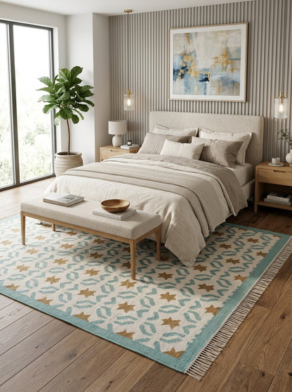 Teal Sunburst Trellis Aqua Mint Green, Ochre & Cream Cotton Wool Dhurrie