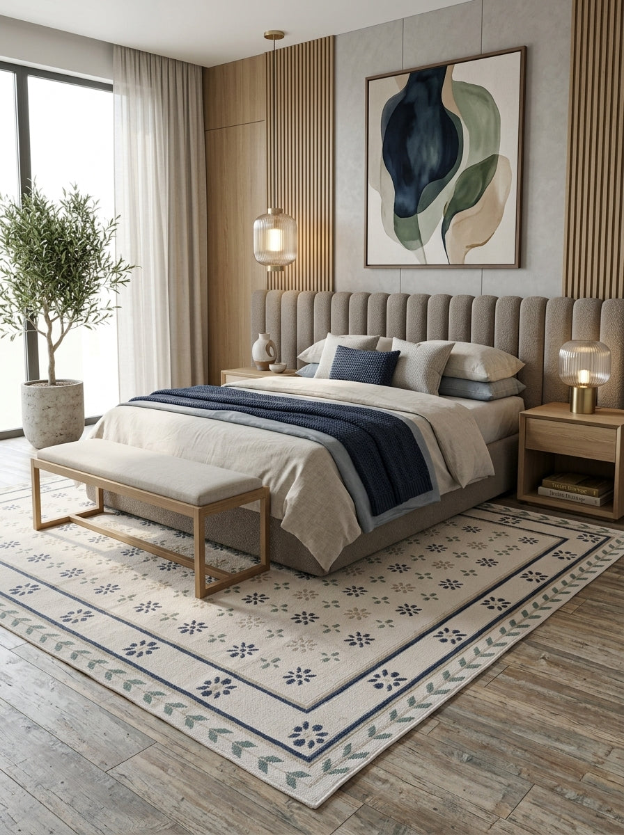 Nordic Navy Rosette Heritage Elegant Chevron Vine Border Flatweave rug