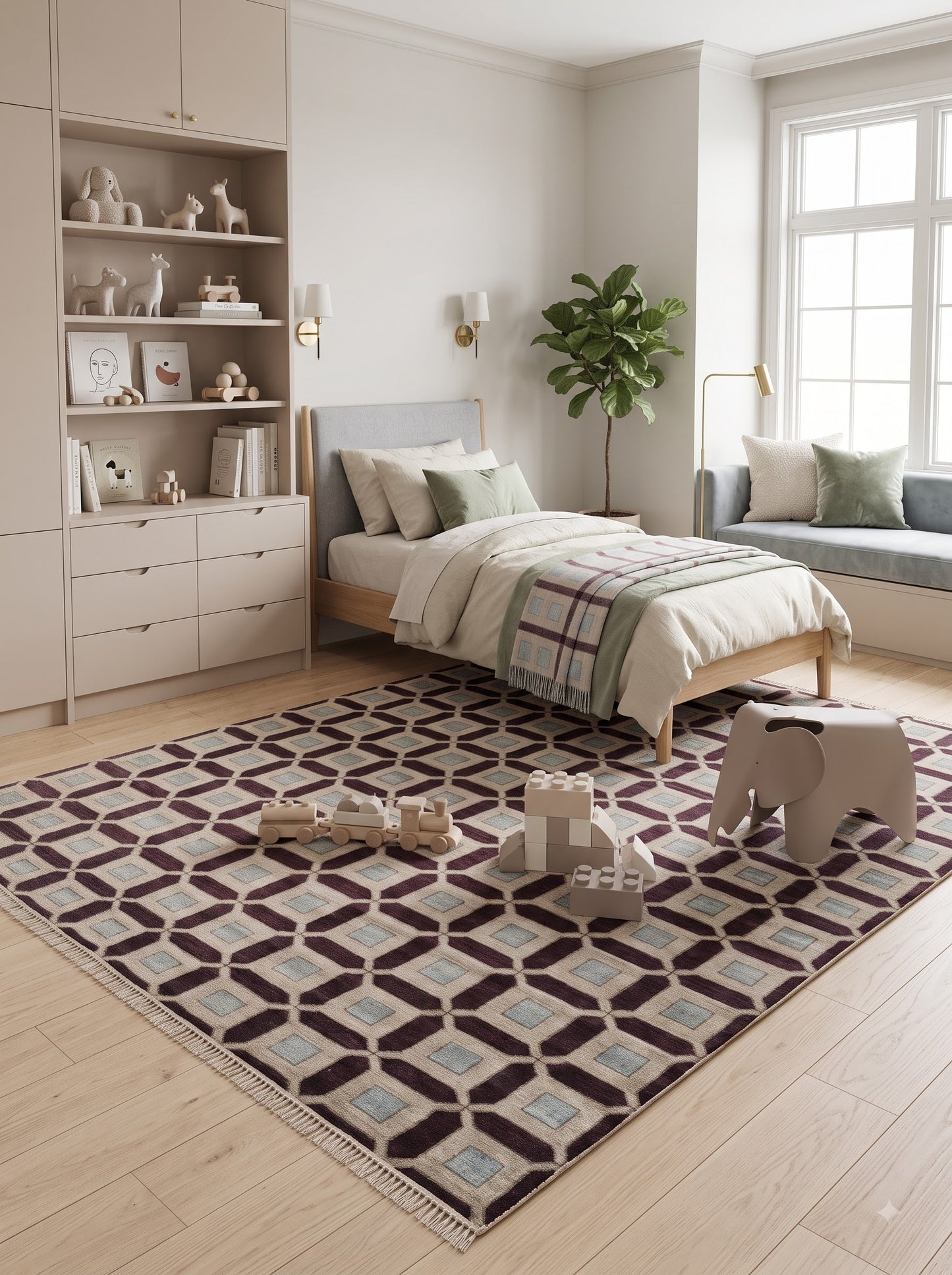 Plum & Ivory Architectural Checkered Lattice Grid Carpet for Living Room