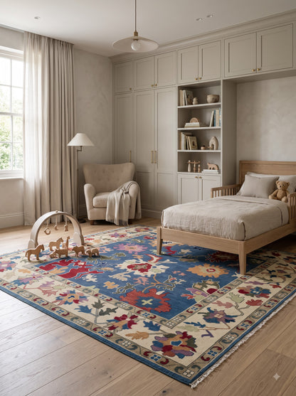 Hand Knotted Wool Oushak Rug Blue Anatolian Carpet