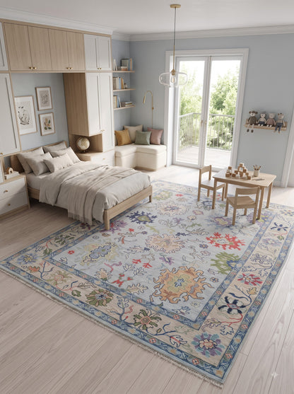 Vintage Floral Pastel Botanical Wool Hand Knotted Oushak Rug