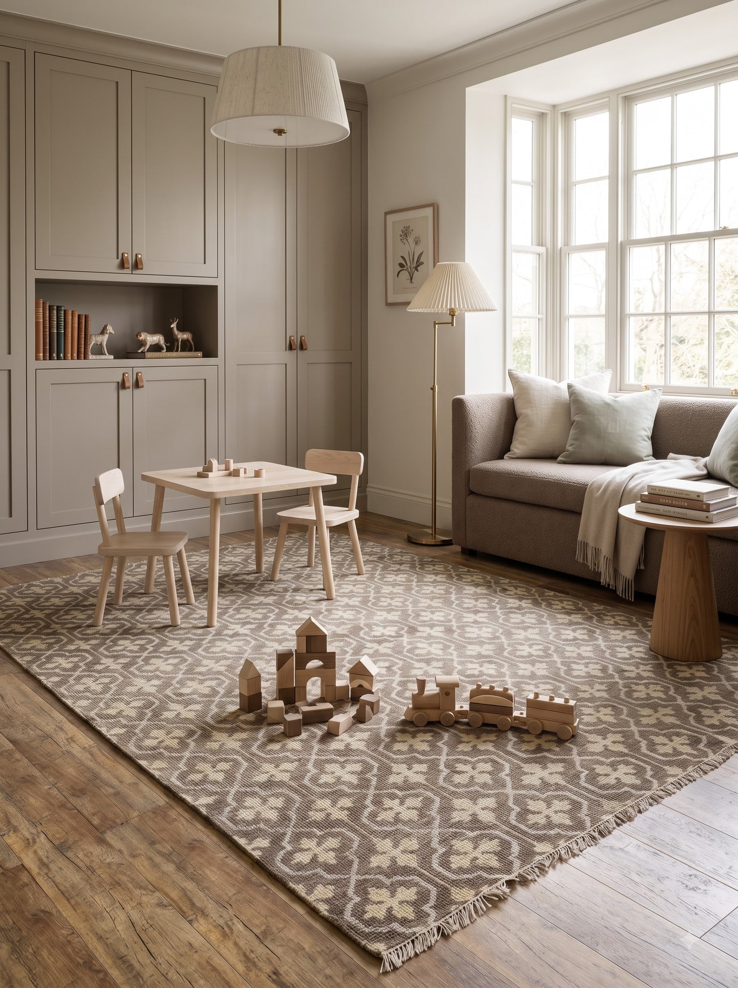 Charcoal Grey Hand Knotted Rug, Neutral Taupe & Cream Geometric Wool Area Rug