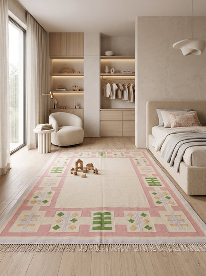 Pastel Geometric Border Wool Rug