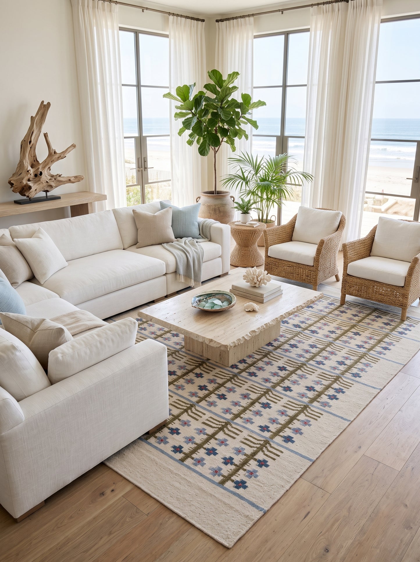 Olive & Denim Tree Trellis Handwoven Symmetrical Folk Rug
