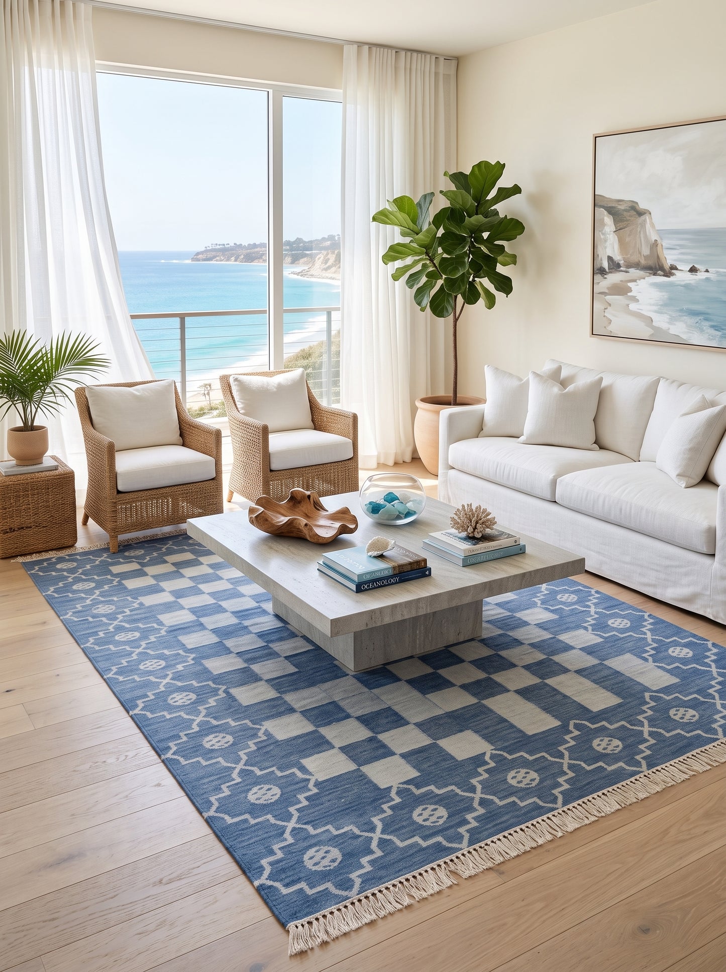 Cornflower Checkered Medallion Geometric Stepped Diamond Border Flatweave rug